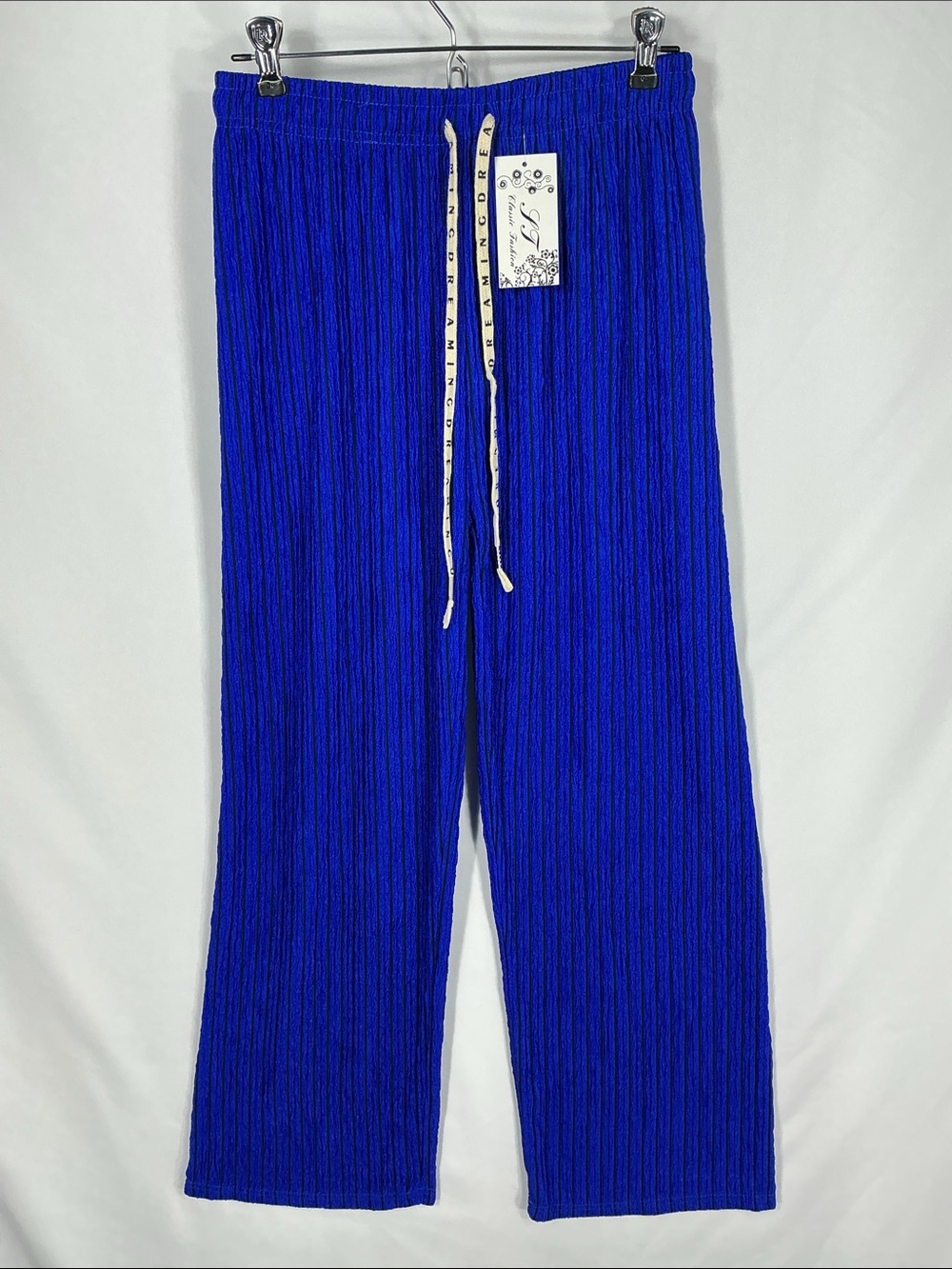 Classic Fashion Blue Pleated Palazzo Pants NWT SM Lounge Ribbed Wide Leg